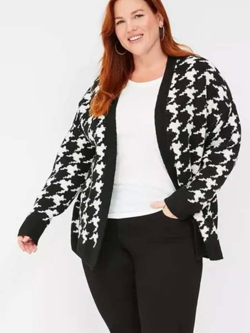 NWT Lane Bryant Black White Houndstooth Fuzzy Soft Open Cardigan Sweater 18/20